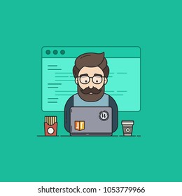 Flat Vector Illustration in Outline Style of a Coder or Geek in Programming Participates in Hackathon