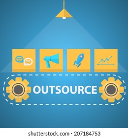 Flat vector illustration of outsourced mechanism. Flat vector illustration with yellow icons with symbols of outsource mechanism on blue.