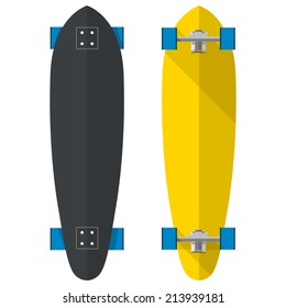 Flat vector illustration of oval longboards. Black and yellow oval longboards with blue wheels. Two flat vector illustrations on white.