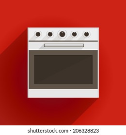 Flat vector illustration of oven. White oven with gray door. Flat vector illustration on red background.