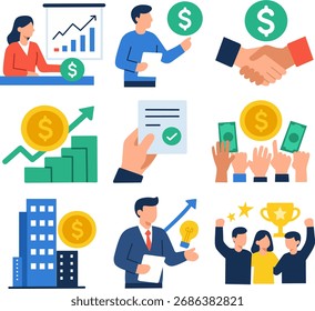 Ilustración vectorial plana que muestra las finanzas, la inversión, el crecimiento de las ganancias, el trabajo en equipo, el éxito empresarial y la innovación en estilo colorido moderno.