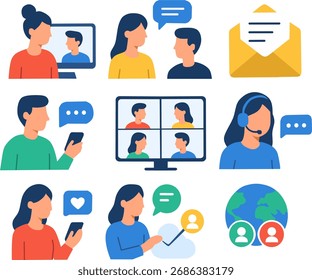 Flat vector illustration pack showing online communication, video call, chat, email, teamwork, and global connection in modern colorful style.