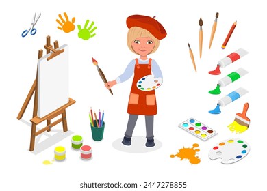 Flat Vector Illustration of Painting, Young Creative Painter with Art Attributes