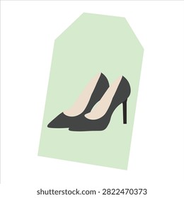 A flat vector illustration of a pair of black high heel shoes depicted on a light green price tag shape.