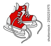 Flat vector illustration of a pair of red and white hockey skates, untied, lying on a white, the colors of the Canadian flag. Isolated items ice skating, winter sports. Hockey, figure skating