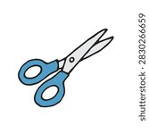 A flat vector illustration of a pair of scissors with blue handles isolated on a white background