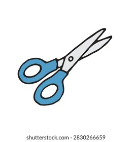 A flat vector illustration of a pair of scissors with blue handles isolated on a white background