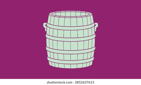 Flat vector illustration of a pale mint green wooden barrel with metal hoops and side handles on a magenta purple background, simple rustic design for brewery, winery and storage themes