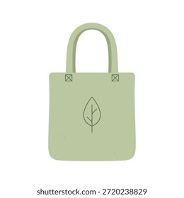 Ilustração de vetor plano de um saco de tote verde sábio pálido com uma textura sutil salpicado, sugerindo material de tela eco-friendly. O saco tem uma forma quadrada com cantos inferiores arredondados e duas grandes alças arqueadas que se estendem a partir do topo. Centrado na frente está um ícone de folha verde-escuro, enfatizando a sustentabilidade. Pequenos detalhes de costura "X" são visíveis nos anexos da alça, adicionando toques realistas ao design plano. Ideal para temas de bolsa eco-consciente, estilo de vida e reutilizável.
