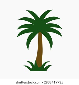 A flat vector illustration of a palm tree with dark green fan-shaped leaves, a brown trunk, and a small grass tuft at the base. Ideal for tropical branding, travel and resort marketing, beach-themed packaging, summer campaigns, and vacation or nature-themed logo design. 