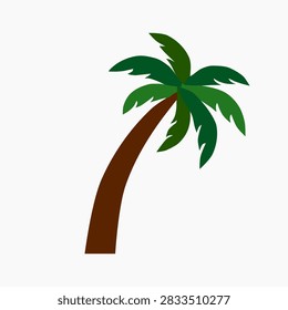A flat vector illustration of a palm tree with dark green fan-shaped leaves and a leaning, wind-swept brown trunk. Ideal for tropical branding, travel and resort marketing, beach-themed packaging, summer campaigns, and vacation or nature-themed logo design. 