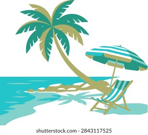 A flat vector illustration of a palm tree, a beach chair, and a parasol on a dark background.