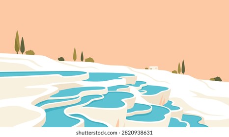 A flat vector illustration of Pamukkale thermal pools in Turkey, featuring white travertine terraces filled with turquoise water under a soft peach sky.