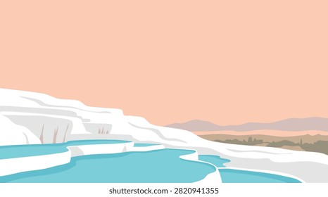 A flat vector illustration of Pamukkale thermal pools with white travertine terraces and turquoise water against a soft peach colored sky.