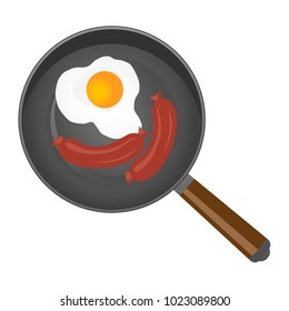Flat vector illustration of pan with sunny side up eggs and fried 
sausage. Image of classic American breakfast 
sausage and eggs
