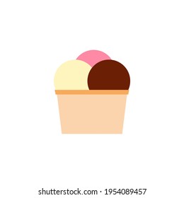 Flat vector illustration of a paper cup with chocolate, strawberry and vanilla balls of ice cream or gelato in bright colors. Isolated on white background