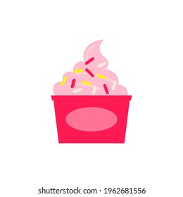 Flat vector illustration of paper cup with strawberry, raspberry soft serve ice cream or gelato or frozen yogurt in pink color. Isolated on white background.