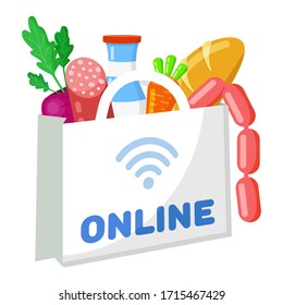 Flat vector illustration. paper shopping bag full of groceries products. Food delivery from the supermarket to customer because coronavirus. Online meal ordering during quarantine.