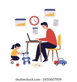 Flat vector illustration of a parent working from home on a laptop while a child plays nearby with toys and draws. Clean flat design with solid vibrant colors, showing remote work-life balance.