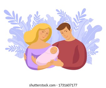 Flat vector illustration. Parents holding a baby. Happy. Family. Love. Pastel colors. Cute illustration. Cartoon characters.