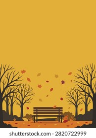 Flat vector illustration of a park bench surrounded by bare trees and falling leaves during autumn season.