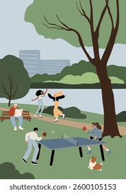 Flat vector illustration of a park by a lake with people playing table tennis, walking, and enjoying the view. A peaceful nature scene with outdoor activities, trees, and a riverside setting.