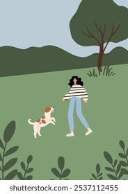 Flat vector illustration of a park scene. The illustration features a woman in a striped shirt and blue jeans interacting with a playful dog on a grassy field, surrounded by trees and bushes.