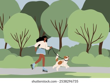 Ilustración vectorial plana de un parque. La ilustración muestra a una mujer patinando en un sendero y sosteniendo una correa atada a un perro corredor, con árboles en el fondo.