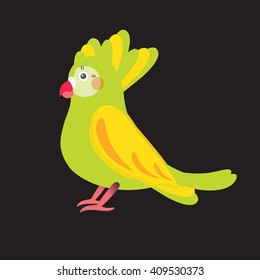 Flat vector illustration of parrot Cockatoo, Kakadu bird. Cartoon festive element for design, object isolated on  black  background. Green, yellow, pink, red colors 
