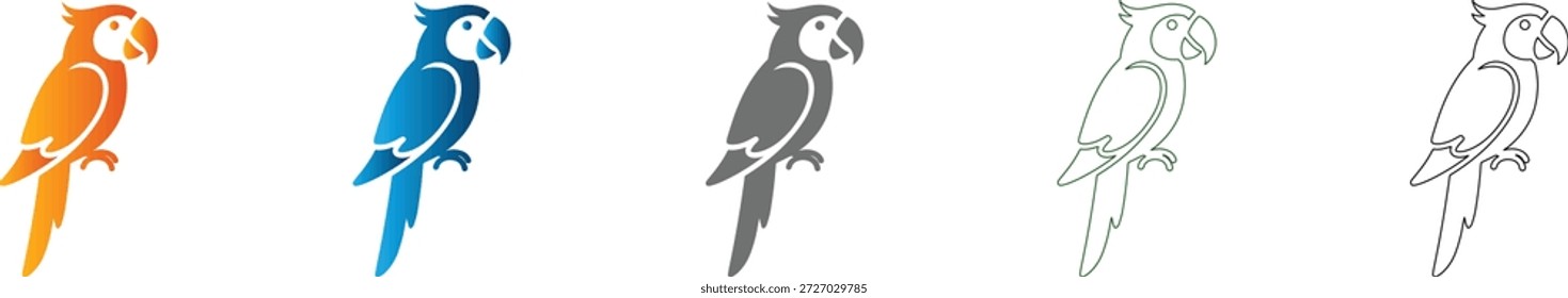 Una Ilustración vectorial plana de un loro en varios colores y estilos de línea, parte de un conjunto de iconos consistente, con un contorno negro sólido y un diseño aislado.