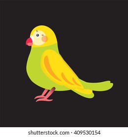 Flat vector illustration of parrot love  bird. Cartoon festive element for design, object isolated on black  background. Green, yellow, pink, red colors 