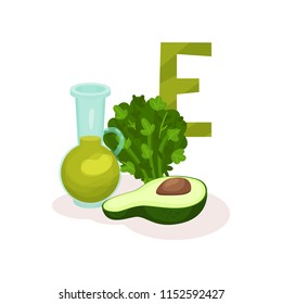 Flat vector illustration of parsley, avocado and bottle of olive oil. Organic products with lot of vitamin E tocopherol . Healthy food