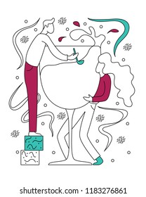 Flat vector illustration of a party with a glass of wine. Line art.