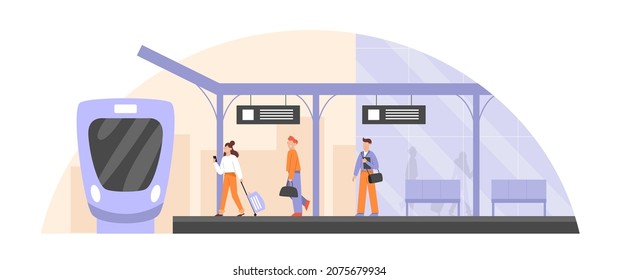 Flat vector illustration of passengers on a railroad platform. People with luggage on railway station. Public transport concept.