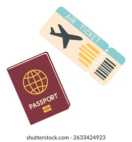Flat vector illustration of passport and air ticket. Travel concept isolated on white background