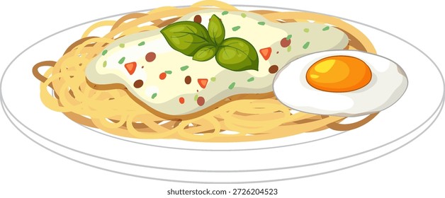 Ilustração vetor plana de macarrão coberto com molho branco, manjericão e ovo frito