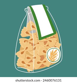 Flat vector illustration of a paste in a transparent packaged bag intended for storage. It is suitable for culinary topics, food marketing. Insulated packaging on blue inside with pasta is fastened