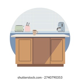 Flat vector illustration of a pastel kitchen counter with mint toaster, coffee maker, tiled backsplash, and warm wood cabinets in a clean, modern style.