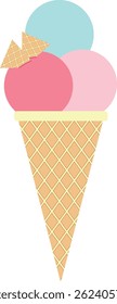 A flat vector illustration of a pastel-colored ice cream cone with three scoops and waffle details. Ideal for summer visuals, food designs, and dessert-related content.