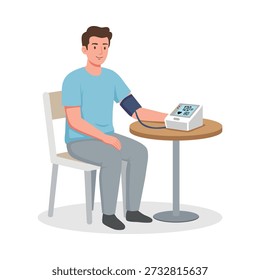 Ilustración vectorial plana de un paciente a quien se le midió la presión arterial usando un monitor digital durante un chequeo médico en una clínica. Conveniente para los Sitios web de la salud, los App médicos, el contenido de la salud, las presentaciones hospitalarias, y las imágenes de la exploración de la salud.