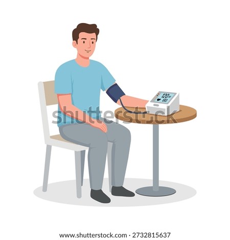 Flat vector illustration of a patient having blood pressure measured using a digital monitor during a medical checkup at a clinic. Suitable for healthcare websites, medical apps, wellness content, hospital presentations, and health screening visuals.