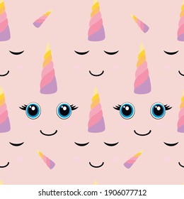 flat vector illustration pattern of cute faces of unicorns. big eyes and a multicolored horn. magic character. pink background	