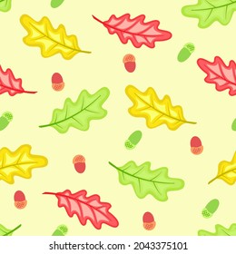 Flat vector illustration of pattern of oak leaves and acorns. Multicolored autumn oak leaves and acorns on light yellow background. Idea for wallpaper, wrapping paper, background, web design and so on