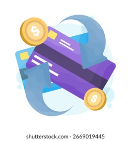Flat vector illustration of a payment card with scattered coins symbolizing cashback. Concepts for cash rewards, financial savings, online payment bonuses, and banking promotional programs.