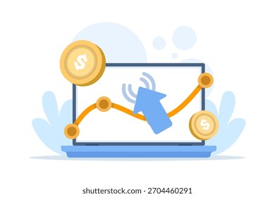 Ilustração vetorial plana de publicidade na internet com pagamento por clique, mostrando campanhas de mídia social online e anúncios de exibição de sites gerando receita para editores.