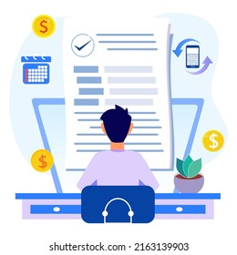 Flat Vector Illustration Of Payroll And Employee Payroll Reports. Calculation Of Company Income, Tax Revenue And Budget Planning.