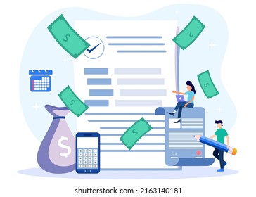 Flat vector illustration of payroll and employee payroll reports. Calculation of company income, tax revenue and budget planning.