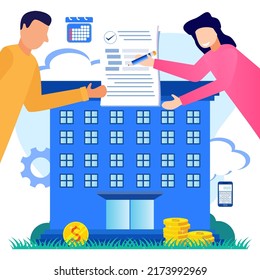 Flat Vector Illustration Of Payroll And Employee Payroll Reports. Calculation Of Company Income, Tax Revenue And Budget Planning.