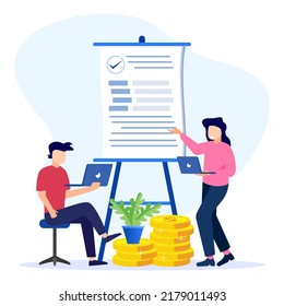 Flat vector illustration of payroll and employee payroll reports. Calculation of company income, tax revenue and budget planning.
