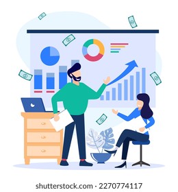 Flat vector illustration of payroll and employee payroll reports. Calculation of company income, tax revenue and budget planning.